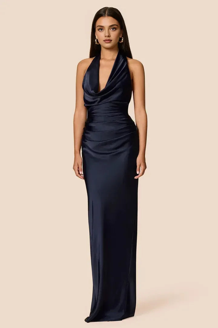 Special Occasion Elegant Navy Blue Satin Sheath Halter Sleeveless Floor-Length Prom Dress