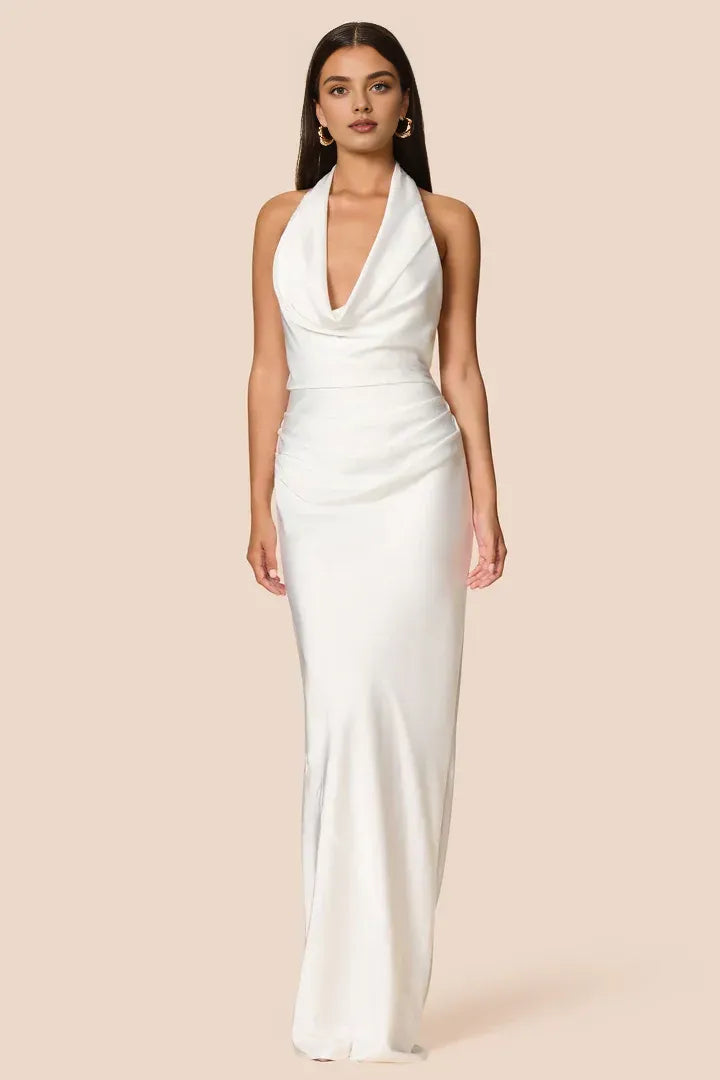 Beautiful Timeless Elegant Sage Green Satin Sheath Halter Sleeveless Floor-Length Prom Dress