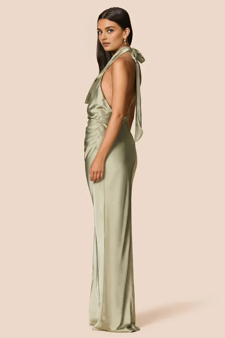 Beautiful Timeless Elegant Sage Green Satin Sheath Halter Sleeveless Floor-Length Prom Dress