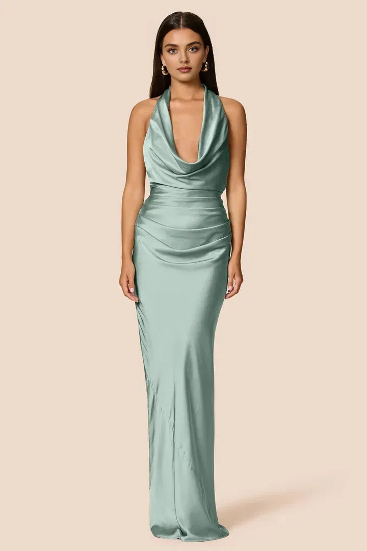 Beautiful Timeless Elegant Sage Green Satin Sheath Halter Sleeveless Floor-Length Prom Dress