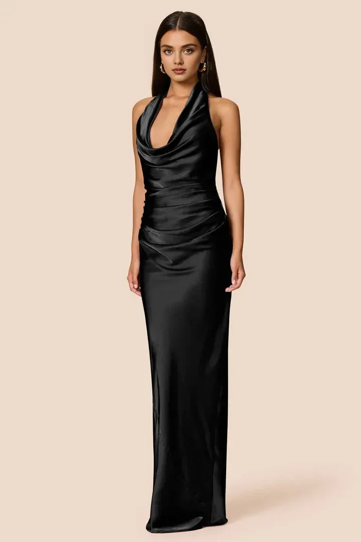 Special Occasion Elegant Navy Blue Satin Sheath Halter Sleeveless Floor-Length Prom Dress