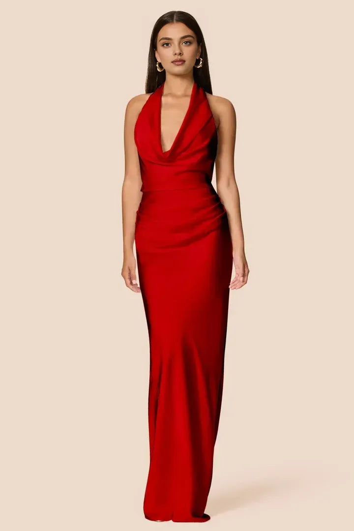 Beautiful Timeless Elegant Sage Green Satin Sheath Halter Sleeveless Floor-Length Prom Dress