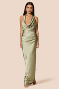 Beautiful Timeless Elegant Sage Green Satin Sheath Halter Sleeveless Floor-Length Prom Dress