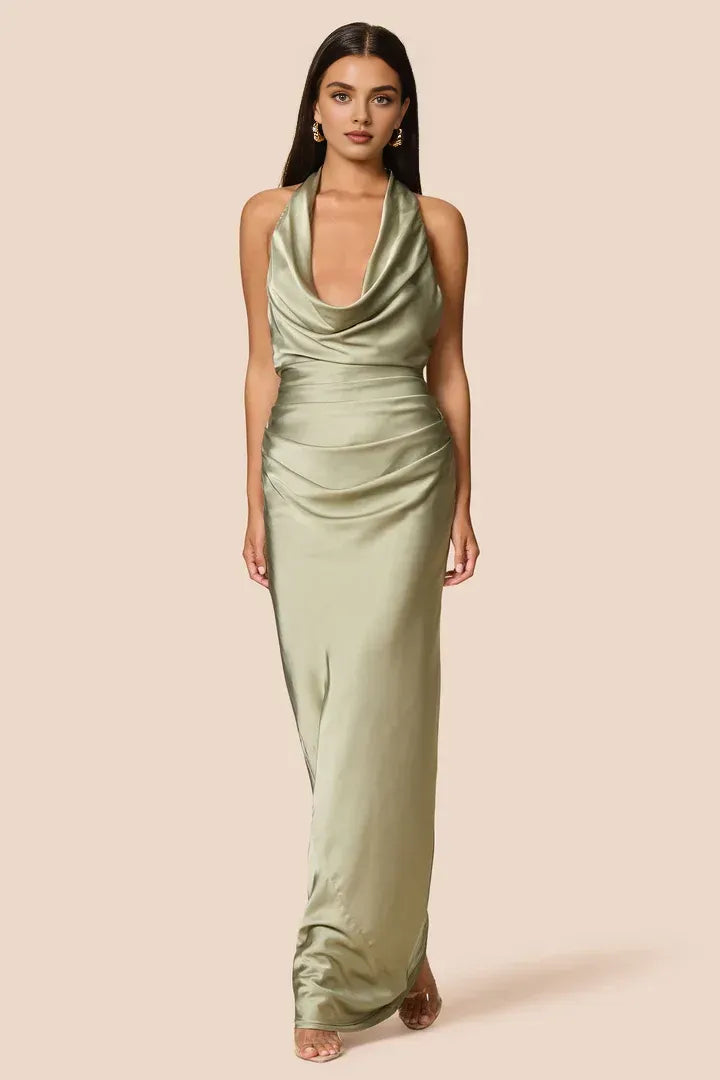 Beautiful Timeless Elegant Sage Green Satin Sheath Halter Sleeveless Floor-Length Prom Dress