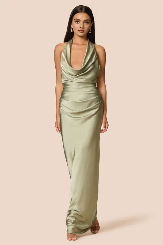 Beautiful Timeless Elegant Sage Green Satin Sheath Halter Sleeveless Floor-Length Prom Dress