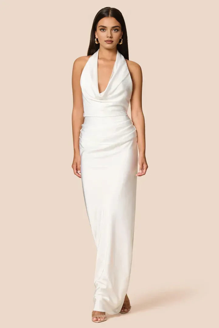 Beautiful Timeless Elegant Sage Green Satin Sheath Halter Sleeveless Floor-Length Prom Dress