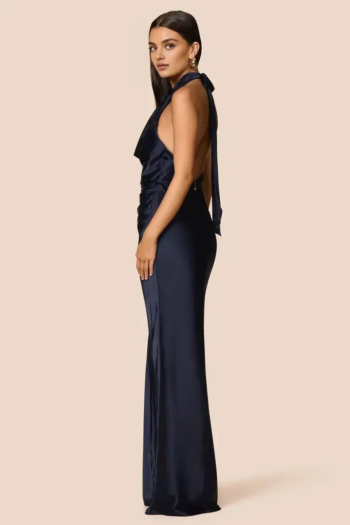 Special Occasion Elegant Navy Blue Satin Sheath Halter Sleeveless Floor-Length Prom Dress