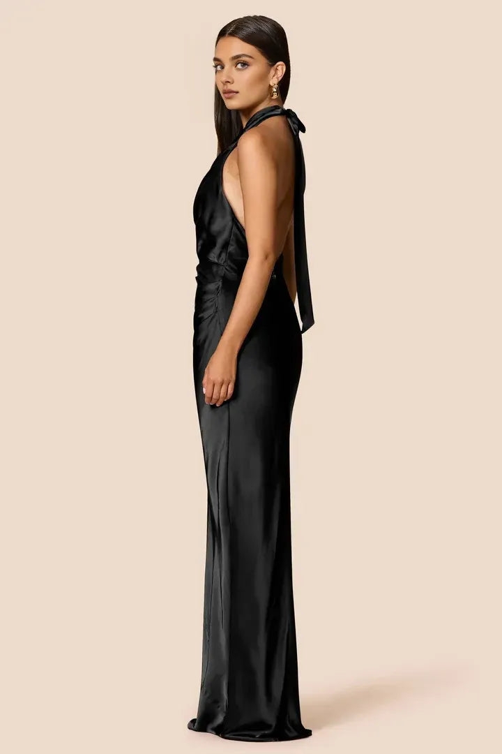 Special Occasion Elegant Navy Blue Satin Sheath Halter Sleeveless Floor-Length Prom Dress