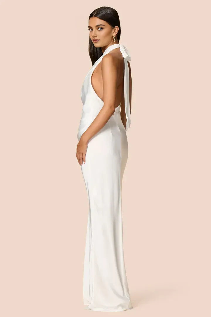 Beautiful Timeless Elegant Sage Green Satin Sheath Halter Sleeveless Floor-Length Prom Dress