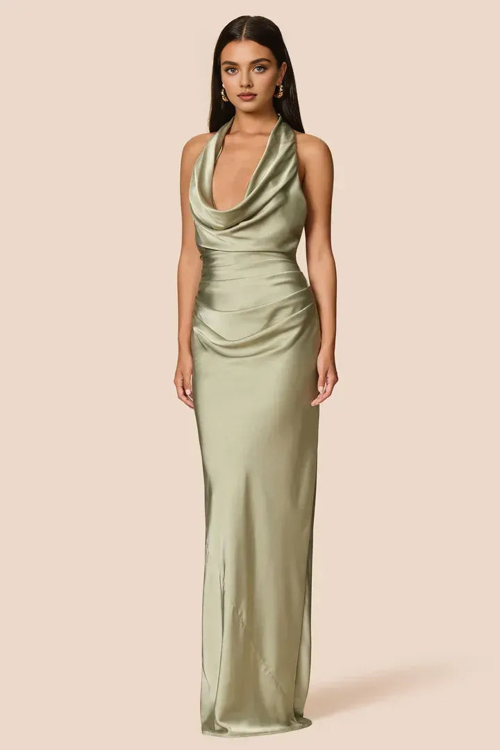 Beautiful Timeless Elegant Sage Green Satin Sheath Halter Sleeveless Floor-Length Prom Dress