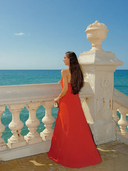 Special Occasion Sophisticated Elegant Red Chiffon Sheath Halter Sleeveless Floor-Length Prom Dress