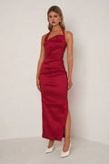 Graceful Stylish Refined Beautiful Elegant Burgundy Satin Sheath Halter Sleeveless Prom Dress