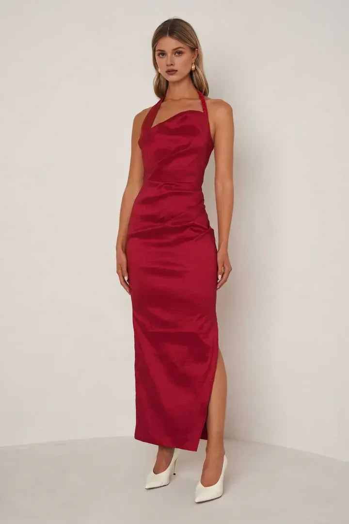 Graceful Stylish Refined Beautiful Elegant Burgundy Satin Sheath Halter Sleeveless Prom Dress