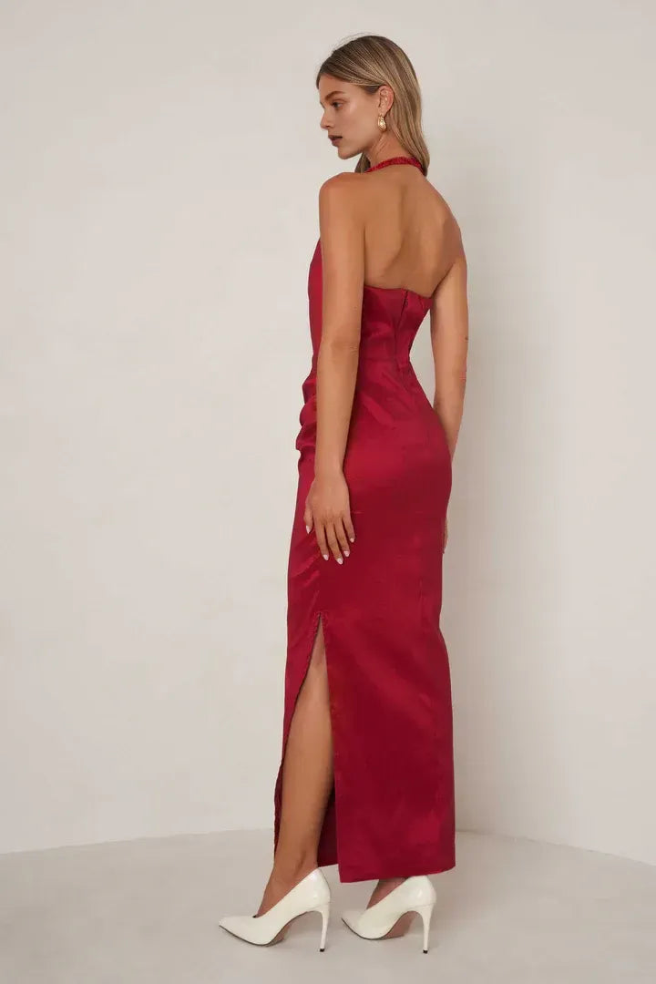 Graceful Stylish Refined Beautiful Elegant Burgundy Satin Sheath Halter Sleeveless Prom Dress