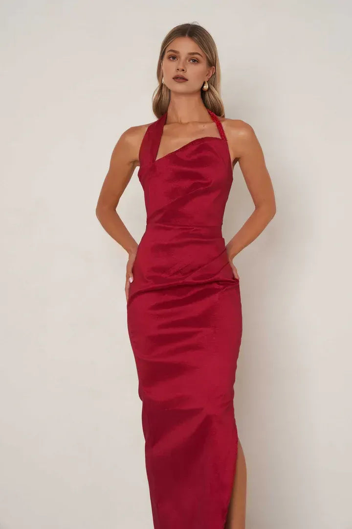 Graceful Stylish Refined Beautiful Elegant Burgundy Satin Sheath Halter Sleeveless Prom Dress