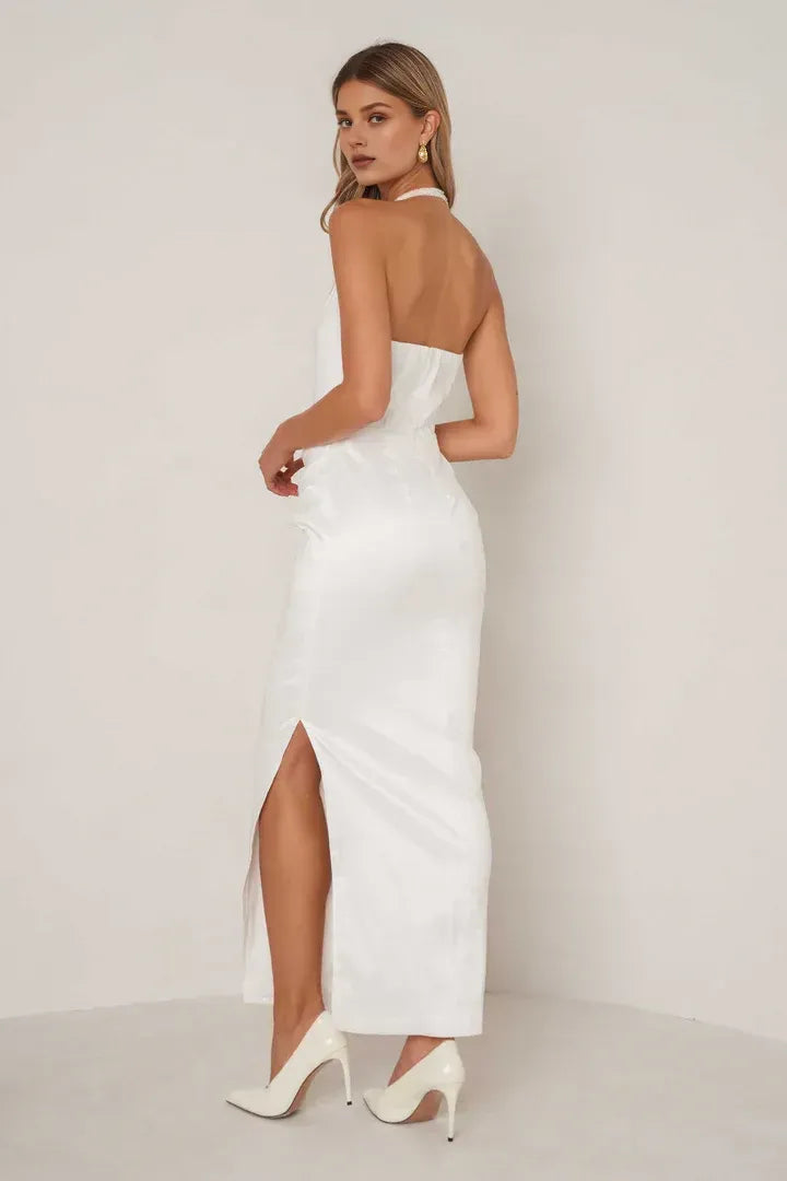 Graceful Stylish Refined Beautiful Elegant Burgundy Satin Sheath Halter Sleeveless Prom Dress