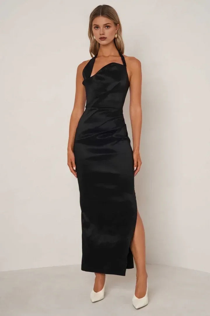 Graceful Stylish Refined Beautiful Elegant Burgundy Satin Sheath Halter Sleeveless Prom Dress