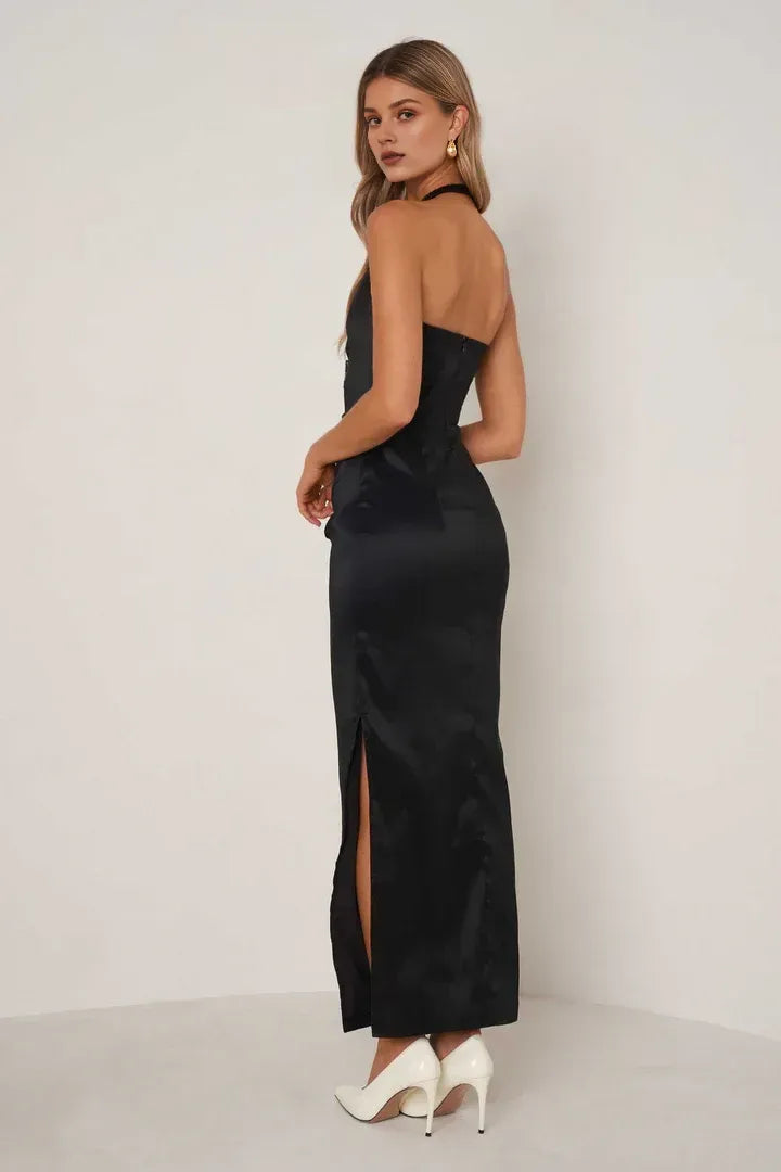 Graceful Stylish Refined Beautiful Elegant Burgundy Satin Sheath Halter Sleeveless Prom Dress