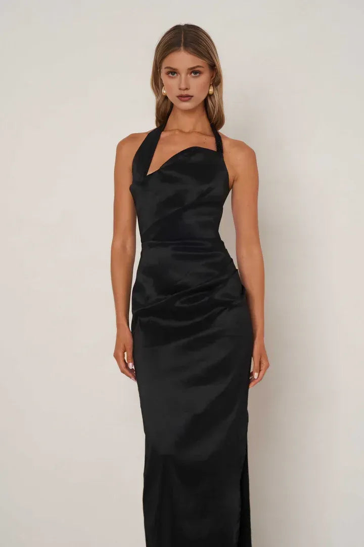 Graceful Stylish Refined Beautiful Elegant Burgundy Satin Sheath Halter Sleeveless Prom Dress