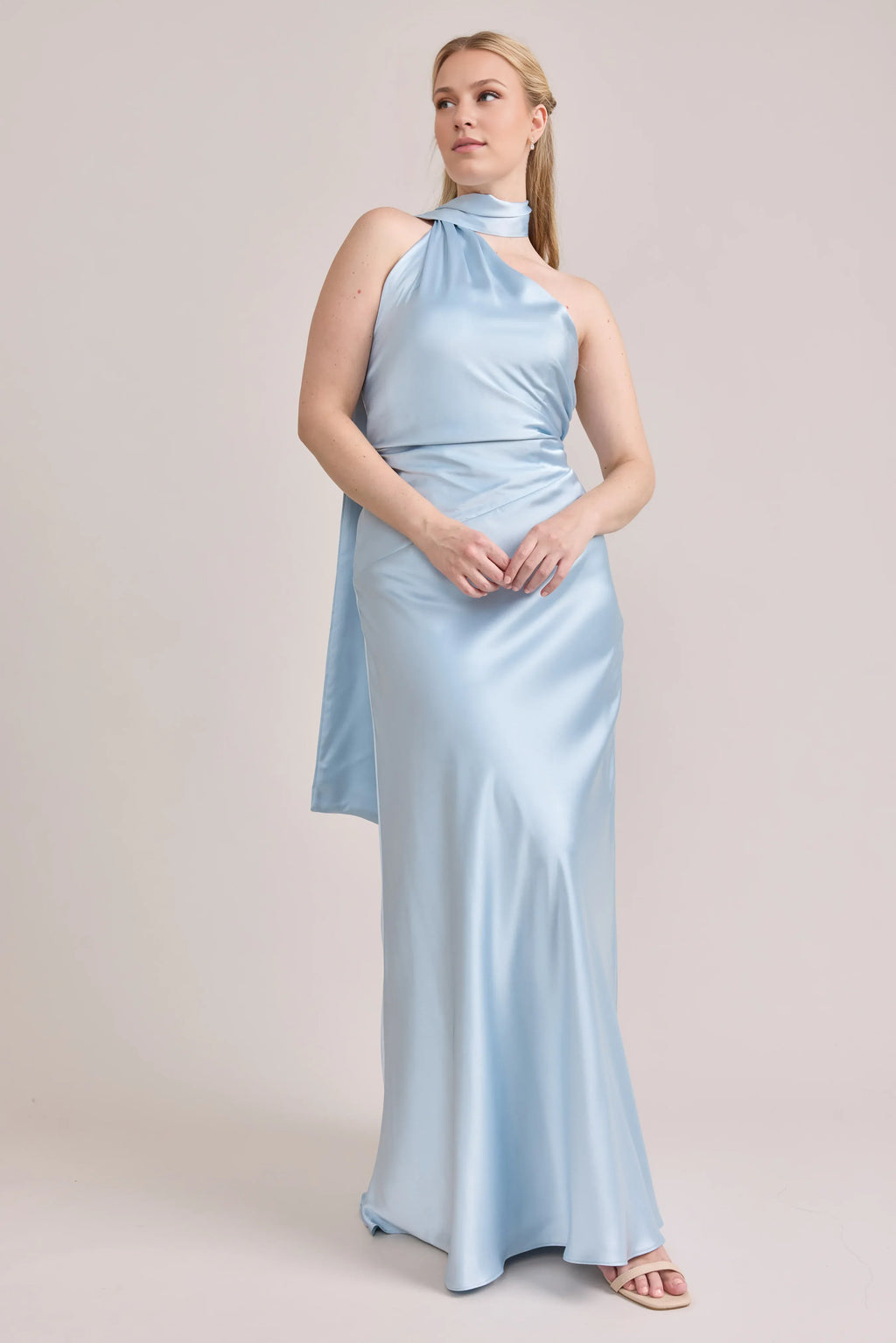 Timeless Elegant Light Blue Satin Sheath High Neck Sleeveless Floor-Length Prom Dress