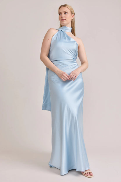 Timeless Elegant Light Blue Satin Sheath High Neck Sleeveless Floor-Length Prom Dress