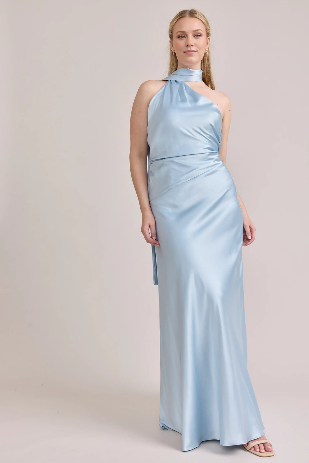 Timeless Elegant Light Blue Satin Sheath High Neck Sleeveless Floor-Length Prom Dress