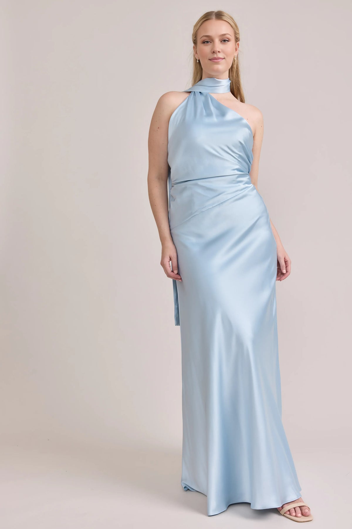 Timeless Elegant Light Blue Satin Sheath High Neck Sleeveless Floor-Length Prom Dress
