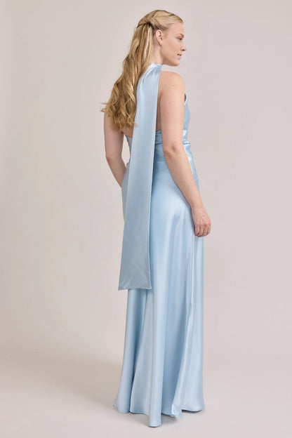 Timeless Elegant Light Blue Satin Sheath High Neck Sleeveless Floor-Length Prom Dress