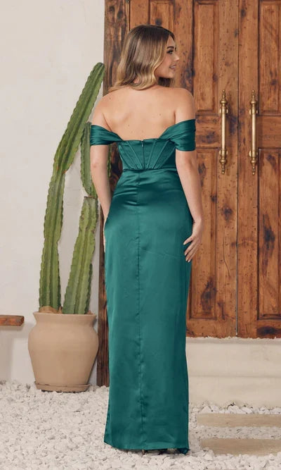 Special Occasion Elegant Emerald Green Satin Sheath Off-The-Shoulder Sleeveless Floor-Length Prom Dress