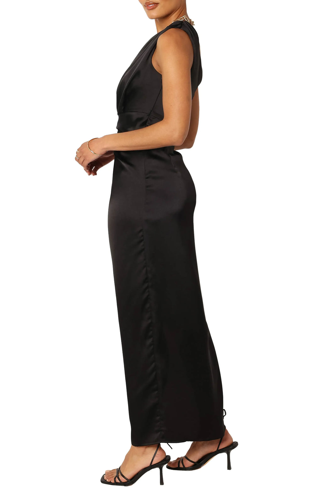 Stylish Refined Beautiful Timeless Elegant Black Satin Sheath One-Shoulder Sleeveless Prom Dress