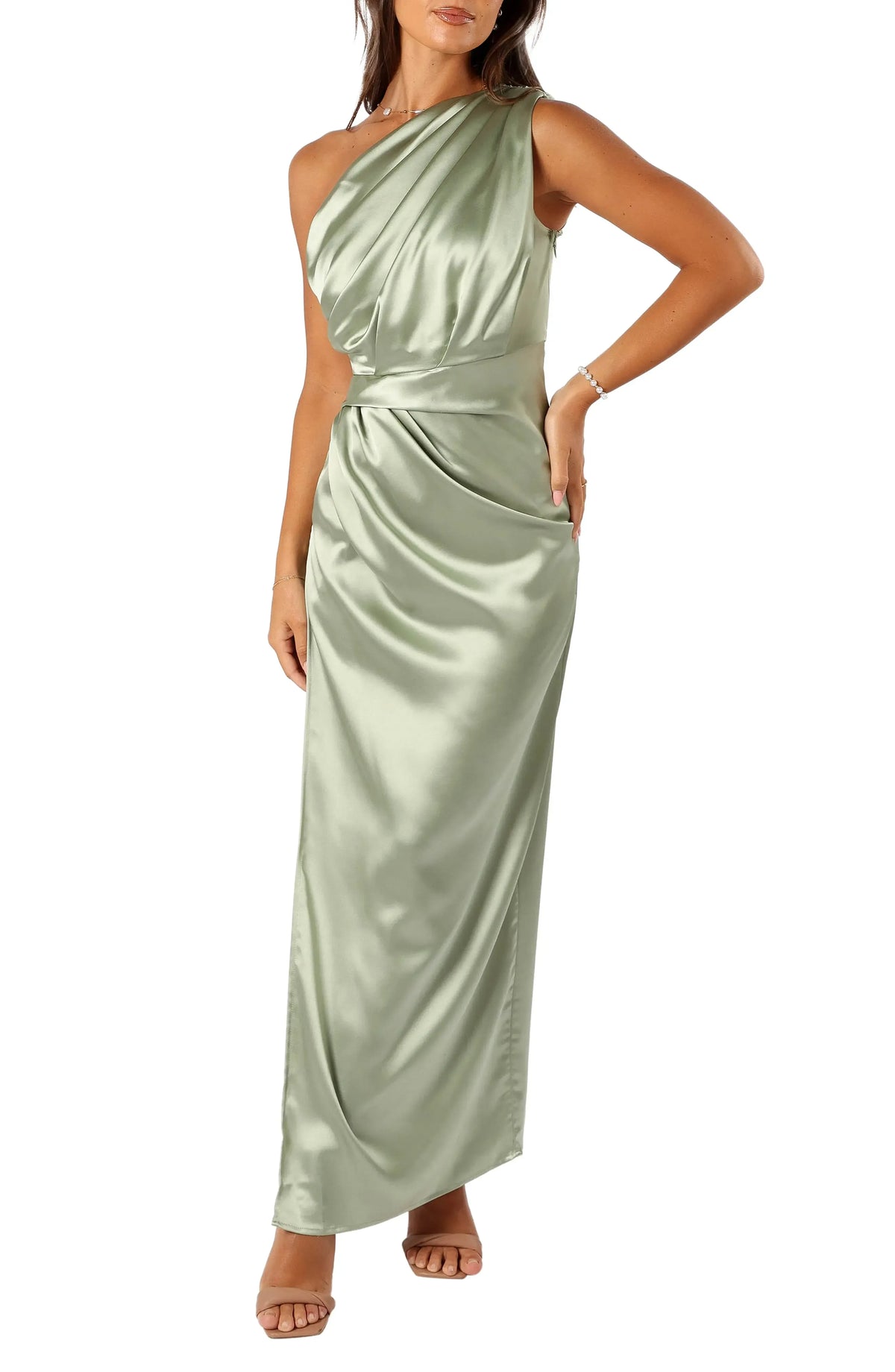 Stylish Refined Beautiful Elegant Sage Green Satin Sheath One-Shoulder Sleeveless Prom Dress