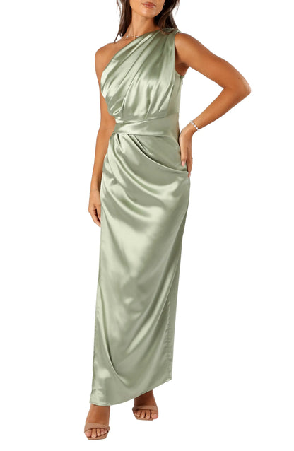 Stylish Refined Beautiful Elegant Sage Green Satin Sheath One-Shoulder Sleeveless Prom Dress