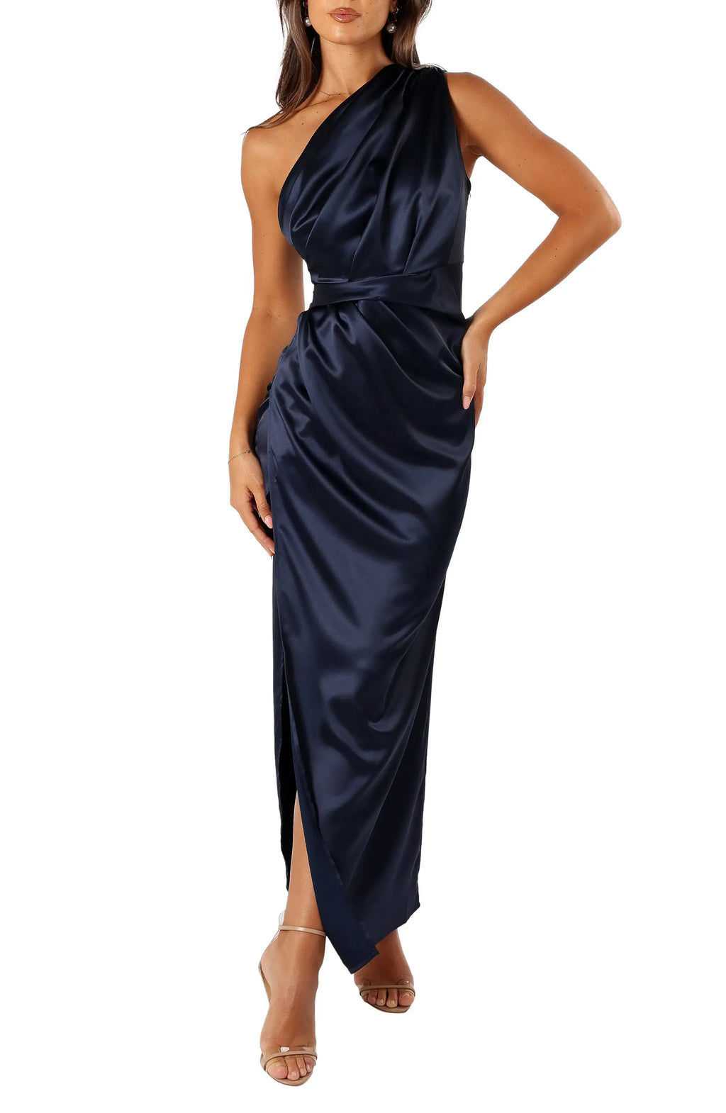 Stylish Refined Beautiful Timeless Elegant Black Satin Sheath One-Shoulder Sleeveless Prom Dress