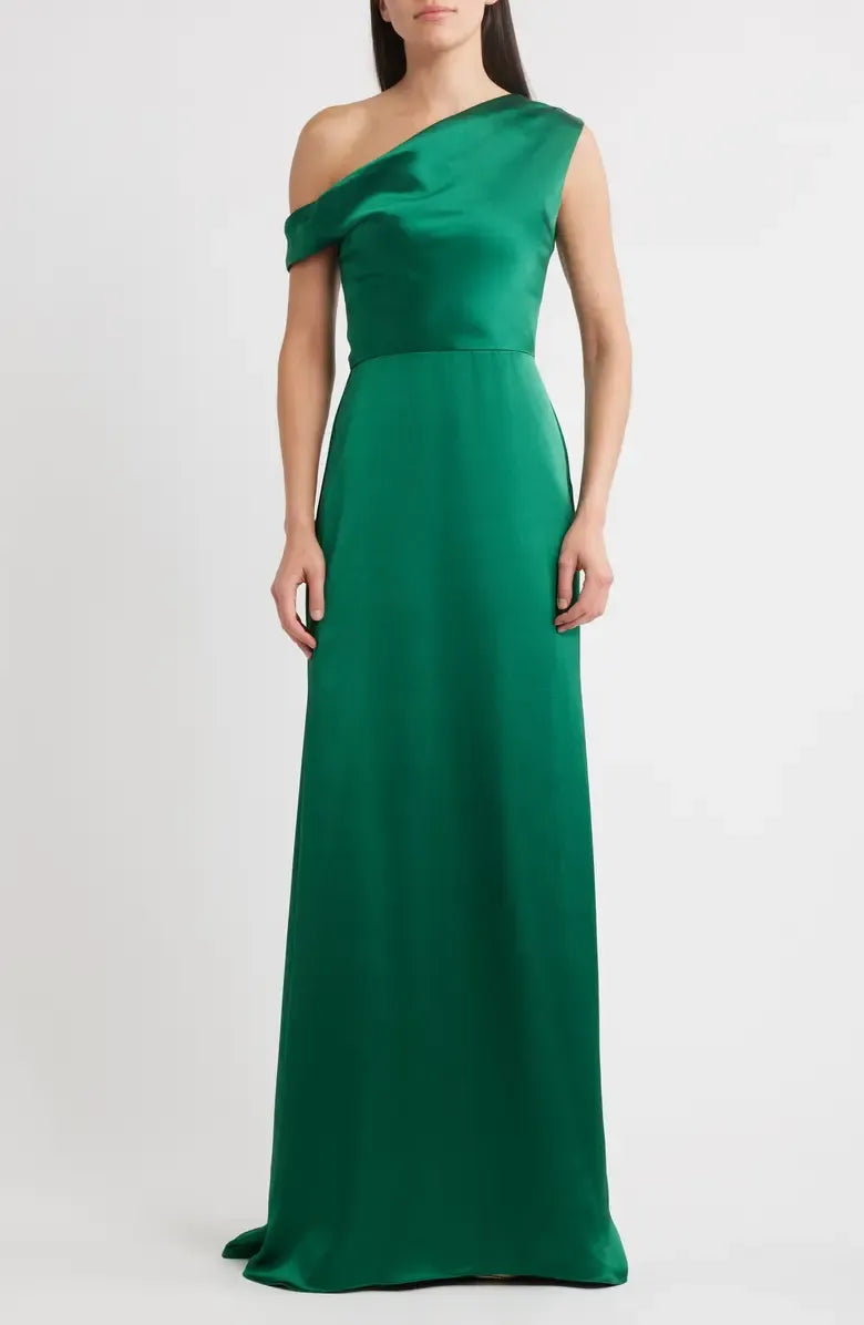 Special Occasion Elegant Emerald Green Satin Sheath One-Shoulder Sleeveless Floor-Length Prom Dress