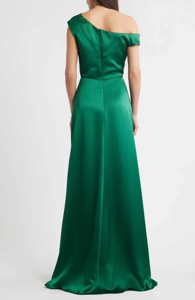 Special Occasion Elegant Emerald Green Satin Sheath One-Shoulder Sleeveless Floor-Length Prom Dress