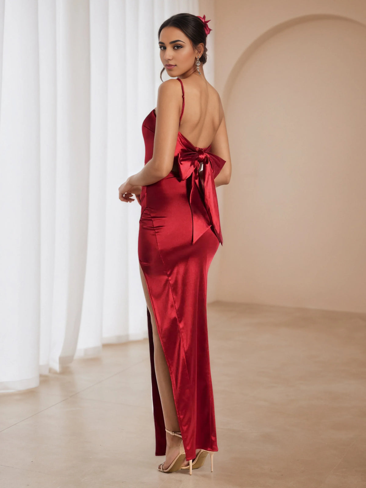 Refined Beautiful Timeless Chic Elegant Burgundy Satin Sheath Sleeveless Floor-Length Prom Dress
