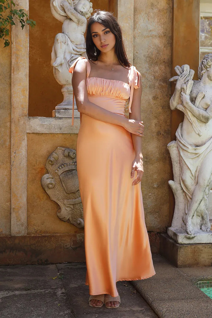 Refined Beautiful Elegant Peach Satin Sheath Square Neck Sleeveless Floor-Length Cocktail Dress
