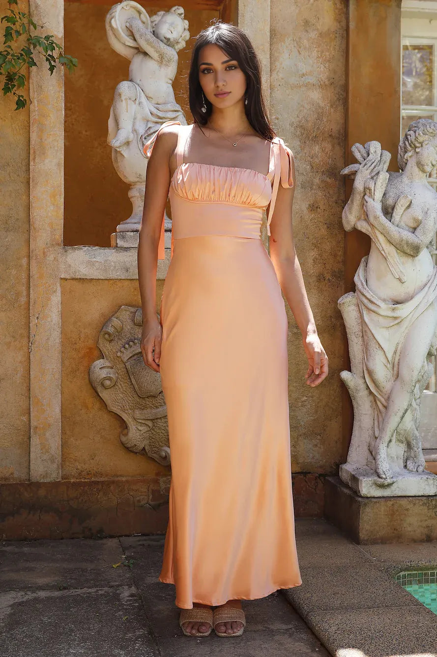 Refined Beautiful Elegant Peach Satin Sheath Square Neck Sleeveless Floor-Length Cocktail Dress