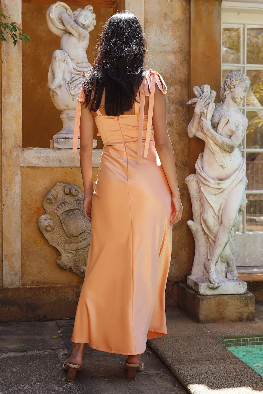Refined Beautiful Elegant Peach Satin Sheath Square Neck Sleeveless Floor-Length Cocktail Dress