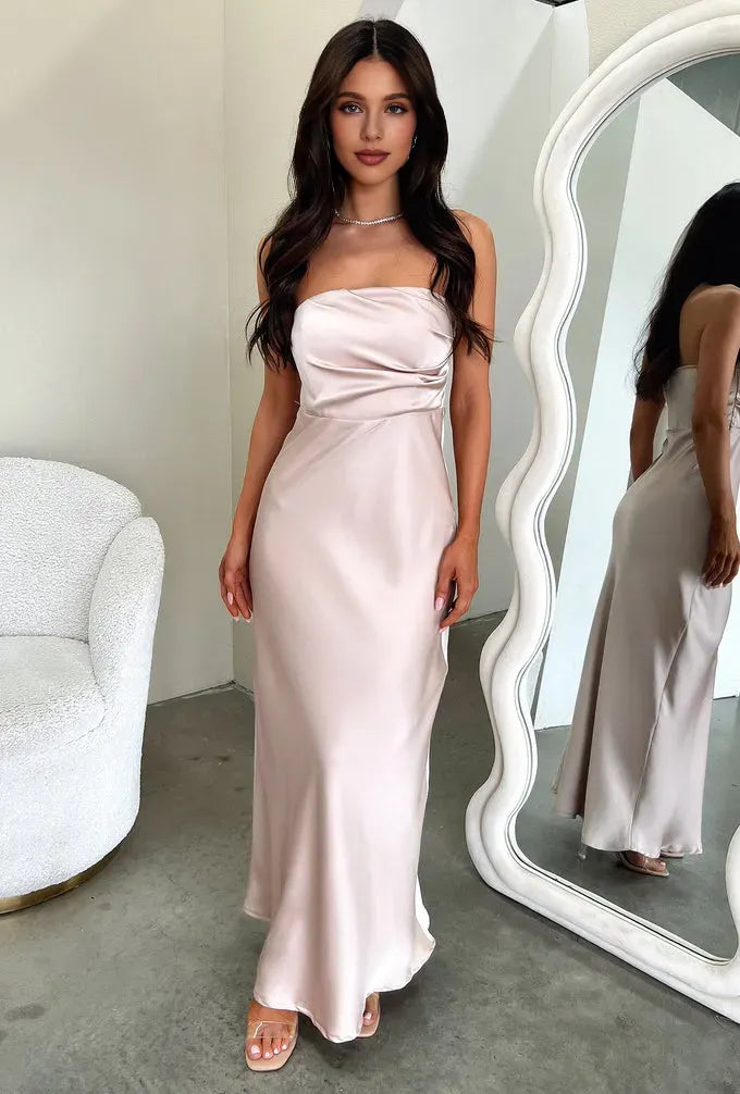 Timeless Special Occasion Sophisticated Elegant Satin Sheath Strapless Sleeveless Floor-Length Prom Dress
