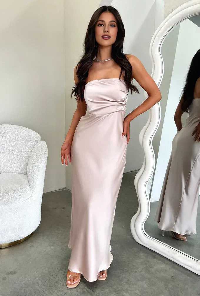 Timeless Special Occasion Sophisticated Elegant Satin Sheath Strapless Sleeveless Floor-Length Prom Dress