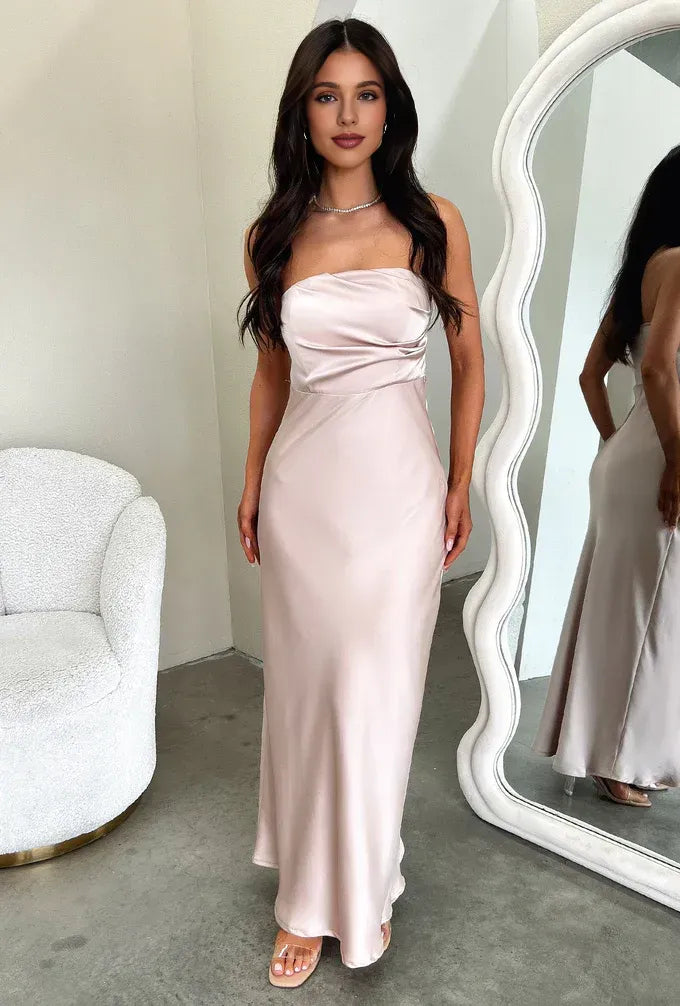 Timeless Special Occasion Sophisticated Elegant Satin Sheath Strapless Sleeveless Floor-Length Prom Dress