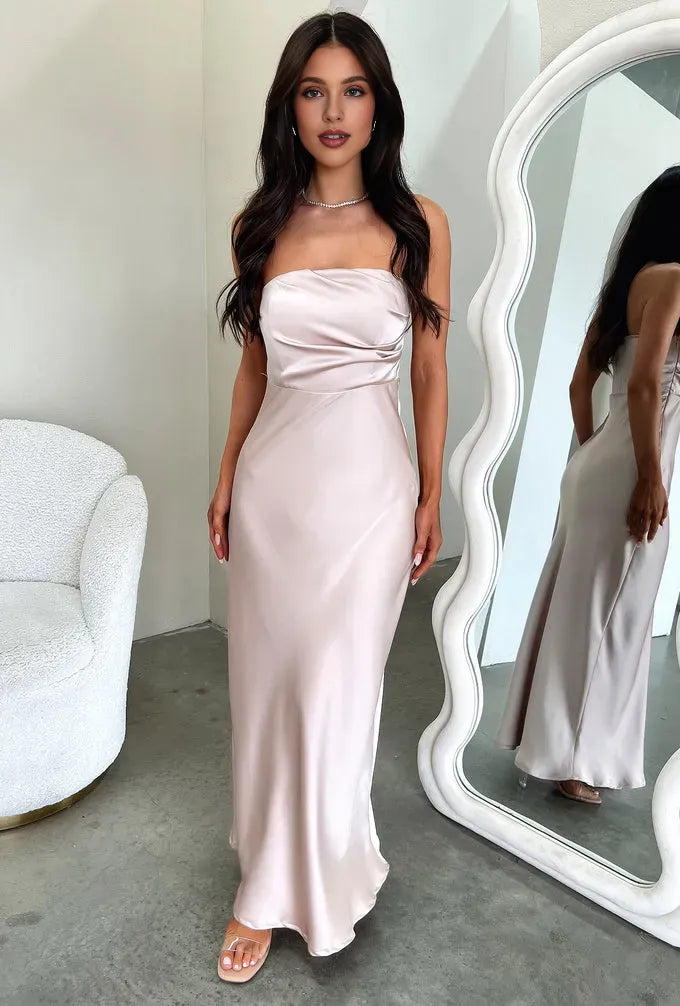 Timeless Special Occasion Sophisticated Elegant Satin Sheath Strapless Sleeveless Floor-Length Prom Dress