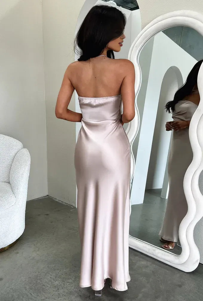 Timeless Special Occasion Sophisticated Elegant Satin Sheath Strapless Sleeveless Floor-Length Prom Dress