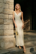 Sheath V-Neck Spaghetti Straps Pearl-Detail Open Back Ankle-Length Prom Dresses
