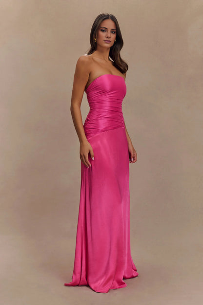 Sophisticated Graceful Stylish Refined Beautiful Elegant Satin A-Line Strapless Long Bridesmaid Dress