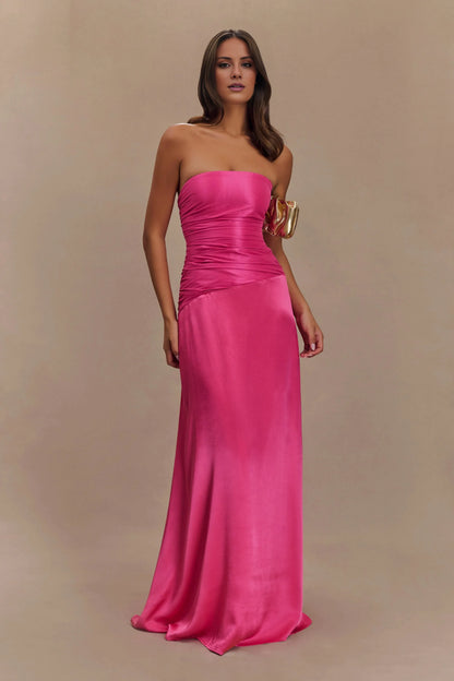 Sophisticated Graceful Stylish Refined Beautiful Elegant Satin A-Line Strapless Long Bridesmaid Dress