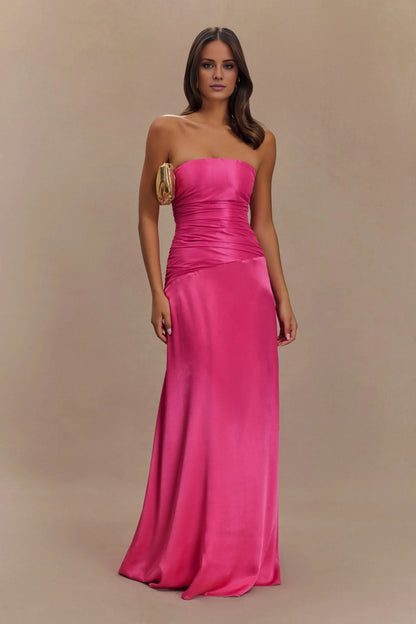 Sophisticated Graceful Stylish Refined Beautiful Elegant Satin A-Line Strapless Long Bridesmaid Dress