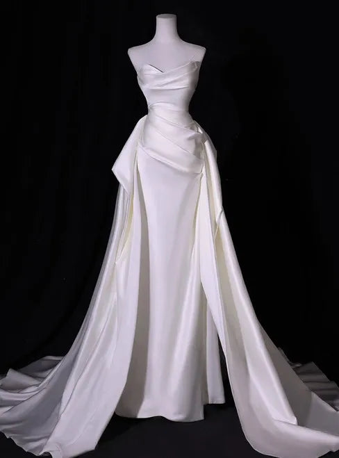 White Mermaid Strapless Pleats Wedding Dress