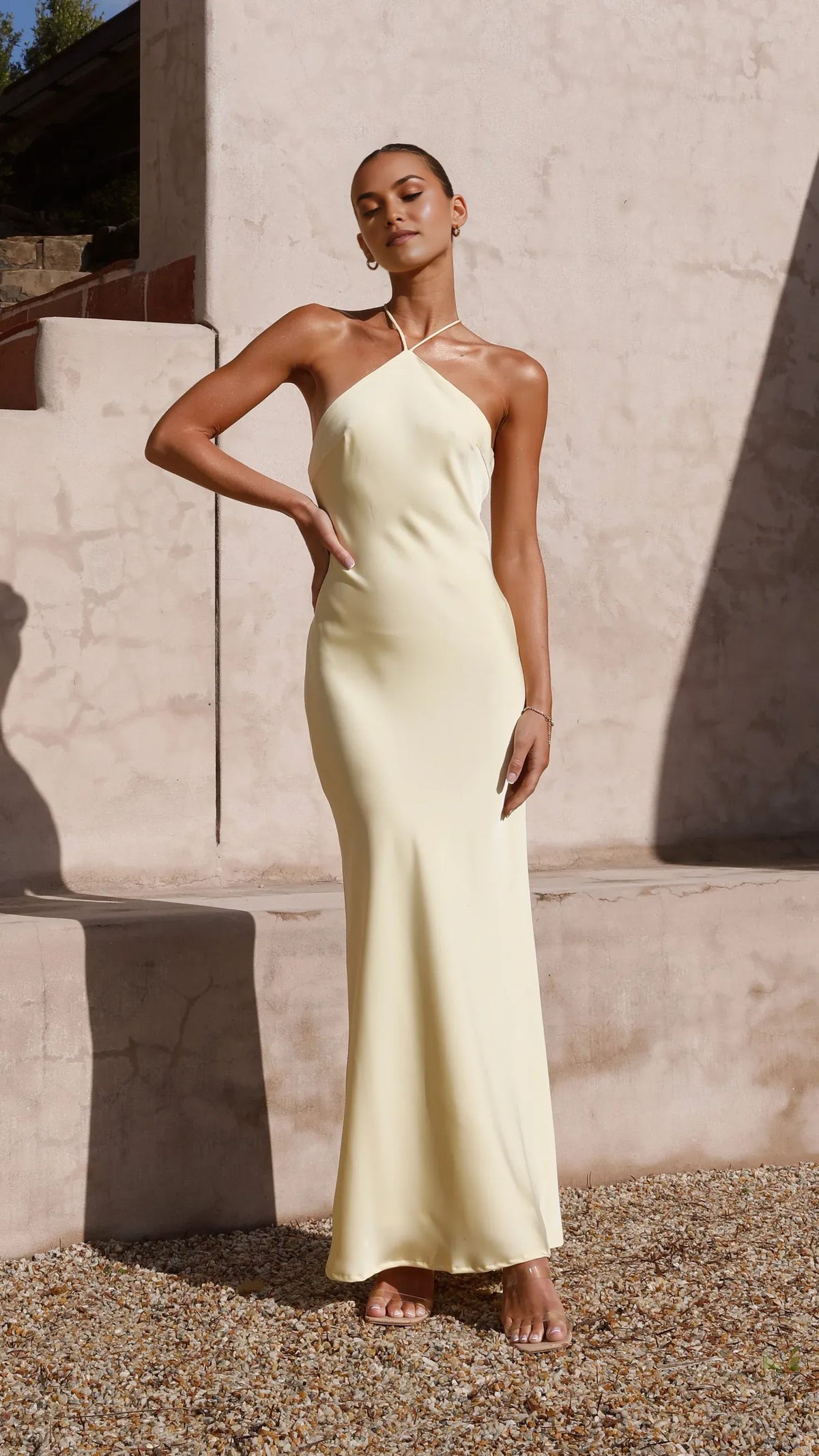 Yellow Sheath Halter Neckline Sleeveless Crossover Tie Up Back Backless Ankle -Length Prom Dresses